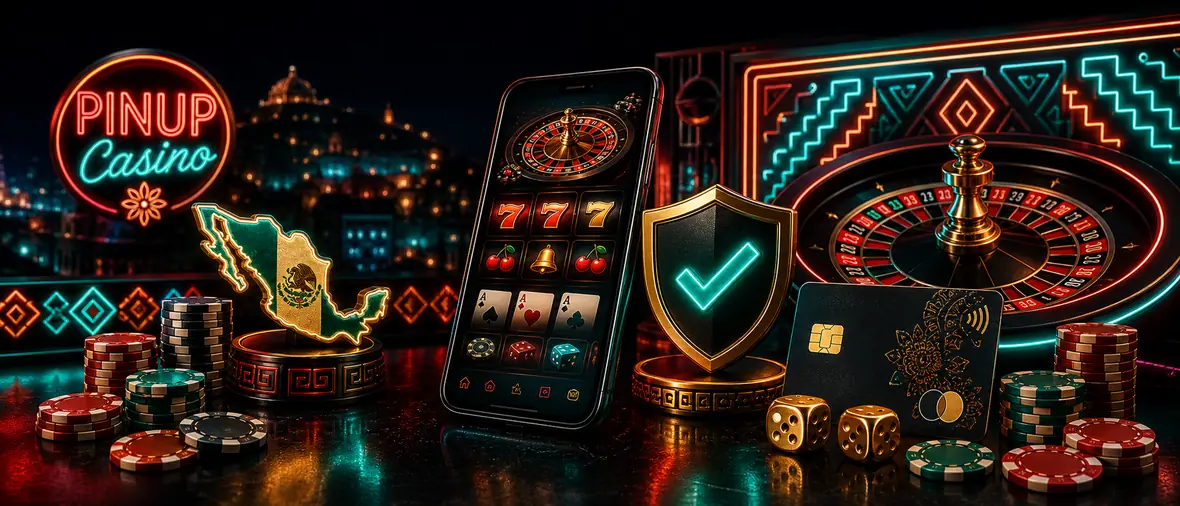 Datos PINUP Casino México con mapa, móvil, escudo, ruleta y fichas