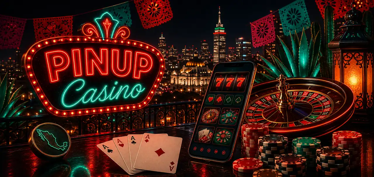 PINUP Casino México con móvil, ruleta, fichas y luces neón