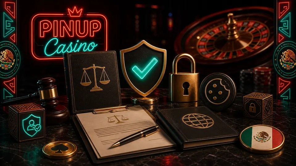 Términos PINUP Casino México con documentos legales, candado y ruleta