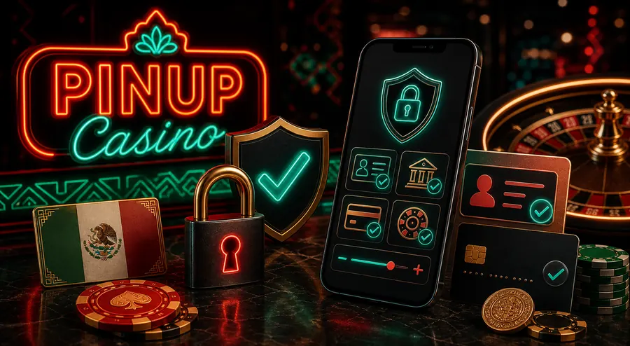 Seguridad PINUP Casino México con candado, escudo, verificación KYC y ruleta